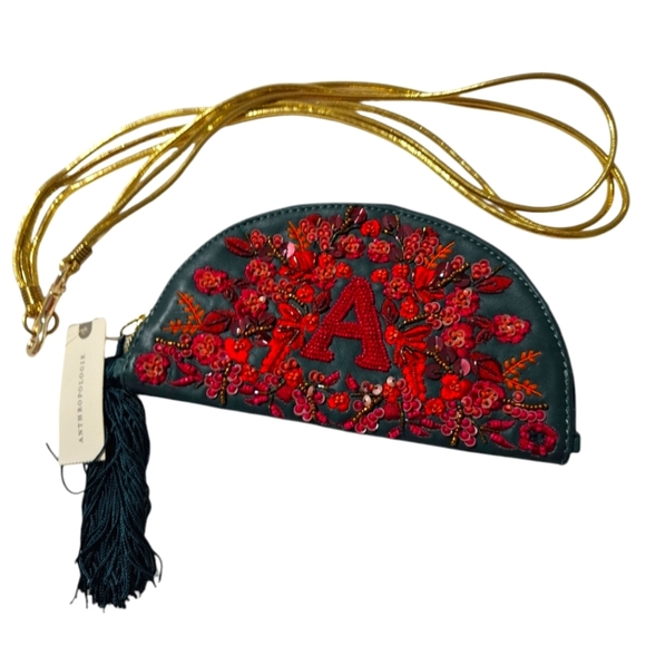 Anthropologie Anna Harlow Russo Monogram A Clutch Beaded Sequin Leather Green - Picture 1 of 12